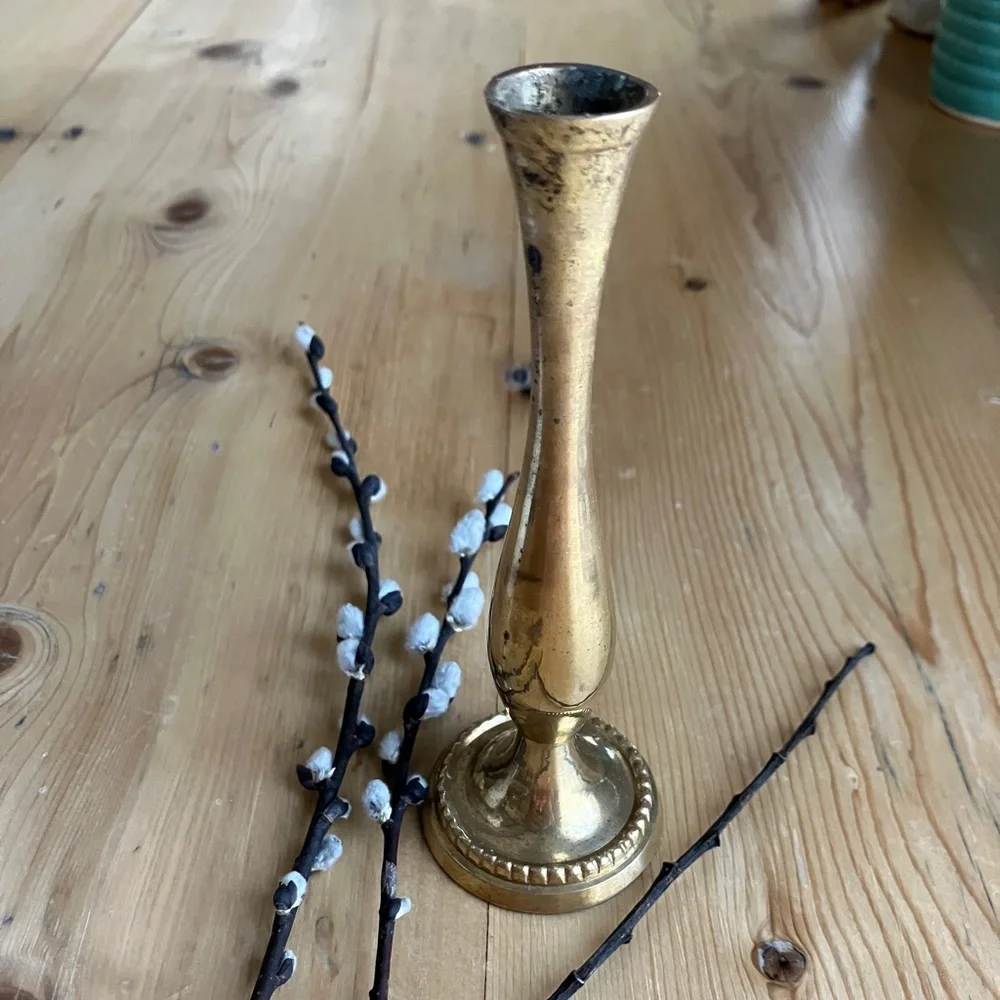 2/$30 Vintage Mini Brass Bud Vase 5.5” Tall 2 and 7/8’s” Base Patina Finish
